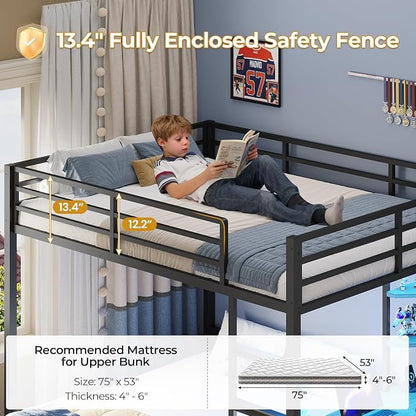 ADORNEVE Bunk Bed with Desk, Full Over Full Bunk Beds with Charging Station & Led Lights, 4 Storage Drawers & 2 Open Storage Shelves, Metal Loft Bed with Safety Guardrail & Ladder for Kids/Teen, Grey