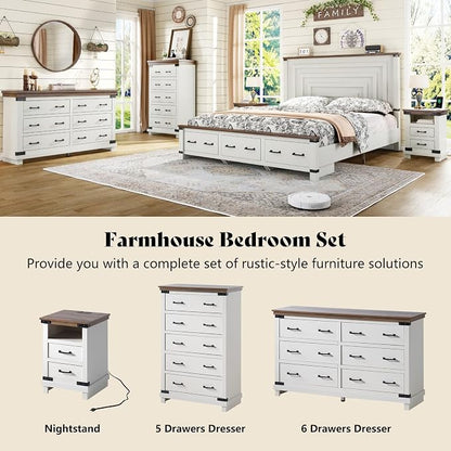 AMERLIFE 2 Pieces Farmhouse Bedroom Set, Includes Wood Rustic King Size Bed Frame with 51" Tall Headboard, 48" Tall 5 Drawers Dresser Chest, Heavy Duty Thick Plank Styling, Antique White