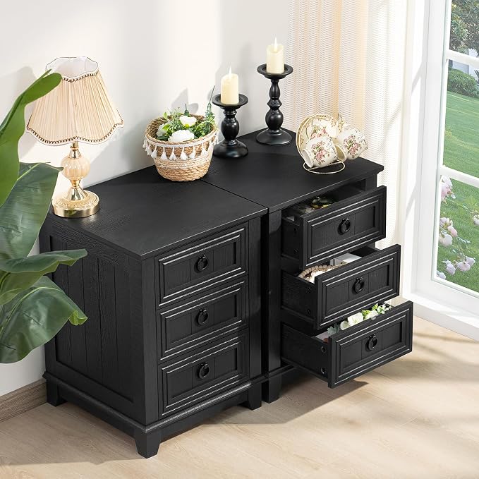 Joaxswe 18" Farmhouse Night Stand with 3 Drawers, Wood End Table Dresser for Bedroom, Black Nightstand, Bed Side Table with Metal Handle, Bedside Cabinet for Bedroom Living Room, Closet