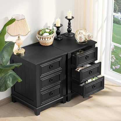 Joaxswe 18" Farmhouse Night Stand with 3 Drawers, Wood End Table Dresser for Bedroom, Black Nightstand, Bed Side Table with Metal Handle, Bedside Cabinet for Bedroom Living Room, Closet