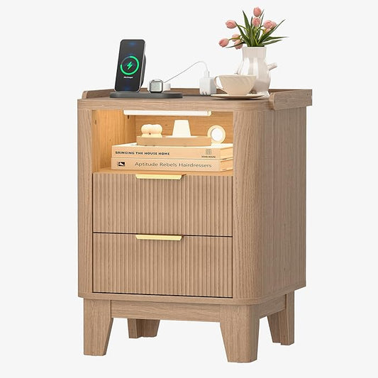 Turosur Night Stand with Charging Station, Fluted NightStand with LED Light and 2 Drawers, Wood Bedside Table with Open Storage, Modern
