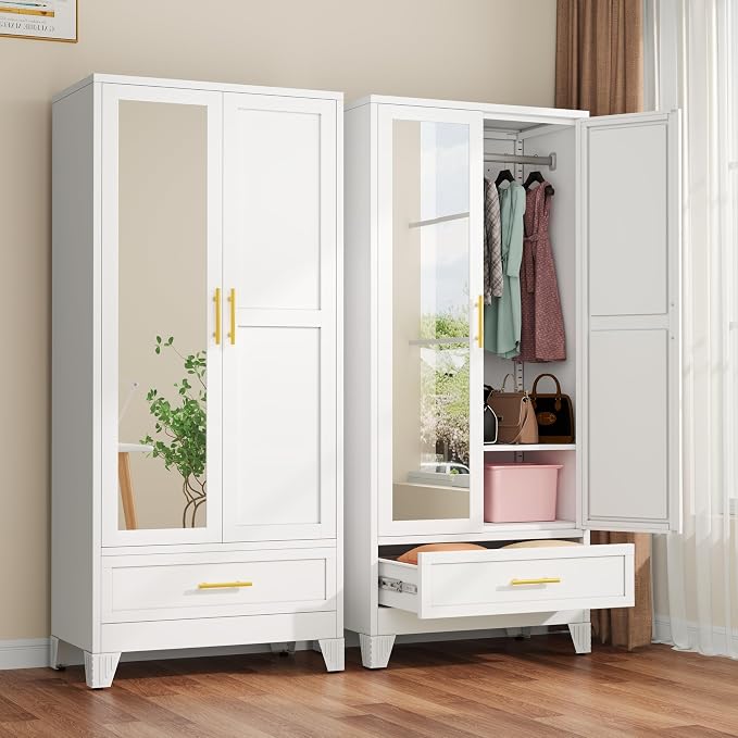winiowa Metal Armoire Wardrobe Closet with Drawer, 71" Wardrobe Cabinet with Adjustable Shelves and Hanging Rod, Clothing Storage Cabinet Closet with Mirror for Bedroom-White