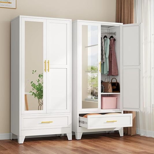 winiowa Metal Armoire Wardrobe Closet with Drawer, 71" Wardrobe Cabinet with Adjustable Shelves and Hanging Rod, Clothing Storage Cabinet Closet with Mirror for Bedroom-White