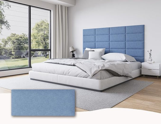 Peel and Stick Upholstered Wall Mounted Headboard Queen Size, 9 Panels Tufted Fabric Headboard,Wall Mounted Headboards, Interior Wall Panels for Bedroom, 10"x24" Light Blue
