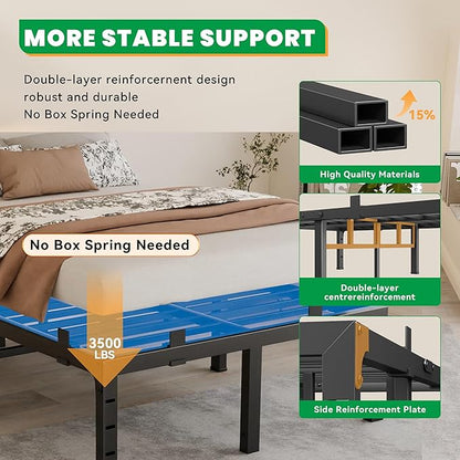 16 Inch Queen Bed Frames,Heavy Duty Metal Queen Size Platform 3500 lbs Capacity, No Box Spring Needed, 6 Mattress Slide Stopper, Headboard Holes, Noise-Free, Easy Assembly