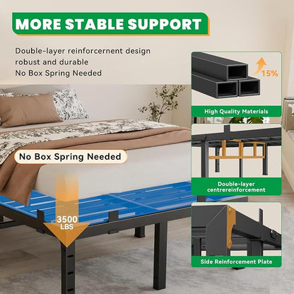 18 Inch Twin XL Bed Frames, Heavy Duty Metal Platform 3500 lbs Capacity, No Box Spring Needed, 6 Mattress Slide Stopper, Headboard Holes, Noise-Free, Easy Assembly, Black