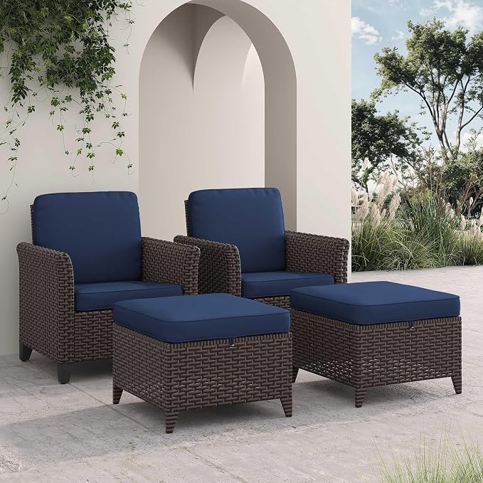 4 Pieces Patio Furniture Set, 2 High Back Chairs & 2 Ottomans, All-Weather PE Wicker Furniture with Waterproof Cushions for Deck, Garden, Porch