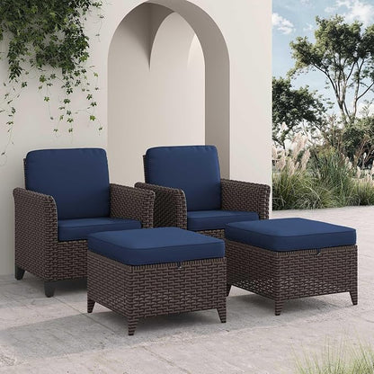 4 Pieces Patio Furniture Set, 2 High Back Chairs & 2 Ottomans, All-Weather PE Wicker Furniture with Waterproof Cushions for Deck, Garden, Porch