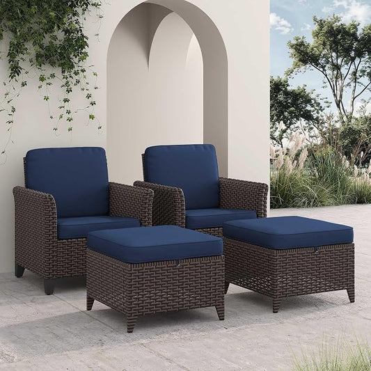 4 Pieces Patio Furniture Set, 2 High Back Chairs & 2 Ottomans, All-Weather PE Wicker Furniture with Waterproof Cushions for Deck, Garden, Porch