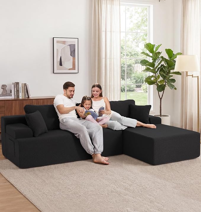 Hobestluk Modular Sectional Sofa Couches L-Shape Couch 3 Seat Modular Sofa Memory Foam Sectional Couches for Living Room, Cloud Couch with Oversized Chaise (Black Smooth, 108", Right Hand Facing)
