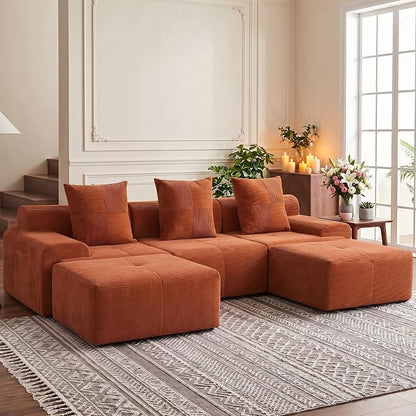118" Sectional Boneless Oversize Modular Couches, Curved Cloud Sectional Sofa for Living Room, Corduroy U Shape Deep Seat Sofa with 2 Ottomans, No Assembly Required,Terracotta Orange