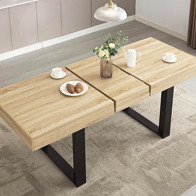 STHOUYN 63”-79” Extendable Dining Room Table Desk for 6 8 10, Modern Rustic Kitchen Expanding Table, Wooden Long Large Expandable Dining Room Conference Table for Kitchens (Natural Oak)