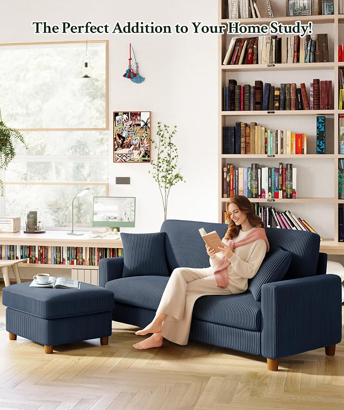Welzona 70.2" Couches for Living Room, Comfy L Shaped Couch Blue 7.1" Thicker Cushion, Sofas for Living Room Tool-Free Setup, Loveseat with Ottoman 705lbs Support, Corduroy Couch for Bedroom, Office