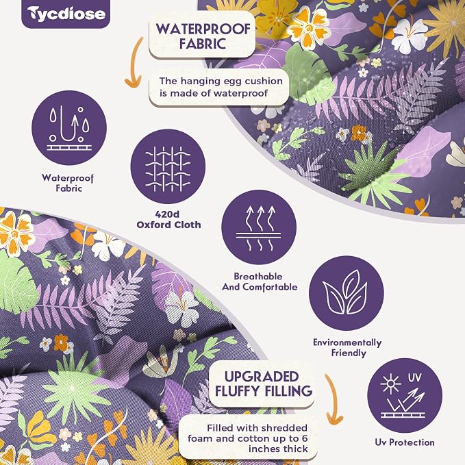 Outdoor Hanging Egg Chair Cushion Replacement, Extra Large Waterproof Egg Swing Cushions with Headrest Pillow and Ties, U-Shaped Thickened Cushion for Hanging Eggs Chair (Purple Floral Leaf)