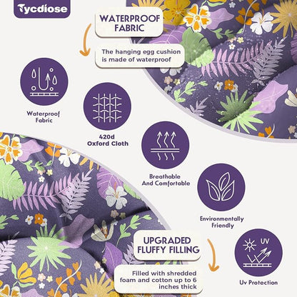 Outdoor Hanging Egg Chair Cushion Replacement, Extra Large Waterproof Egg Swing Cushions with Headrest Pillow and Ties, U-Shaped Thickened Cushion for Hanging Eggs Chair (Purple Floral Leaf)