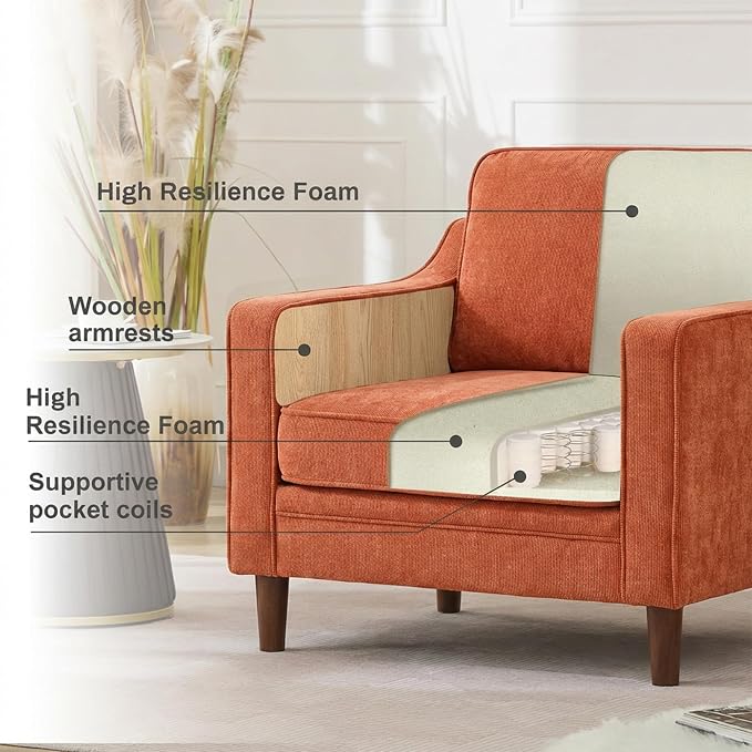 Kingfun Accent Chair, Living Room Chairs, Mid Century Reading Armchair, Chenille with Solid Wood Foot, Upholstered Modern Decor for Bedroom, Apartment