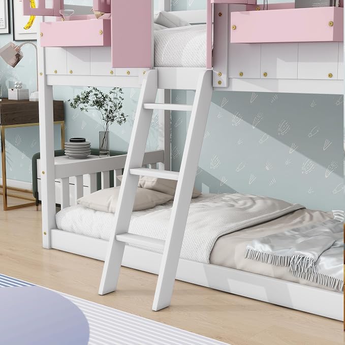 Twin over Twin House Bunk Bed with Roof,Windows,Door,Window Boxes,Safety Guardrails & Ladder,Pine Wood Frame,Low-Height Kids Bunk Beds for Bedrooms,Playful Loft Bed with Easy Assembly, Pink+White