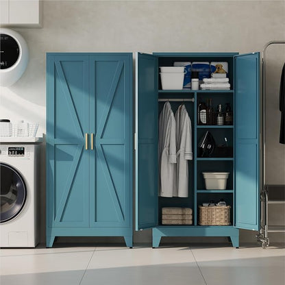Baborokic 71" Armoire Wardrobe Closet with Hanging Rod,Metal Wardrobe Cabinet with Adjustable Shelves and Doors,Farmhouse Office Cabinets for Bedroom,Office,Laundry,Employee(Blue)