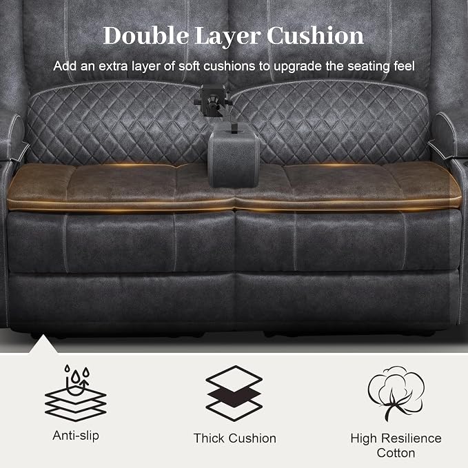 Yolsali Loveseat Recliner Sofa Set with 2-Tier Cushion, 2+1+1 Pieces in Living Room, 2 Seater Reclining Loveseat Velvet Fabric with Removable Console, 2 Oversize Recliner Chair Sofa Seat - Grey