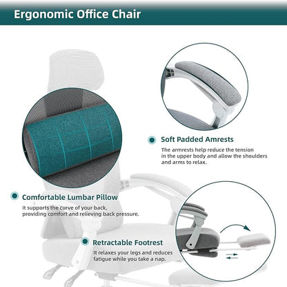 DUMOS Office Desk Computer Chair with Footrest, Ergonomic Mesh Swivel Gaming Chair with Rolling Wheels, Comfortable Headrest, Lumbar Support, Comfy for Home, Office, Task, Student, Elegant Grey