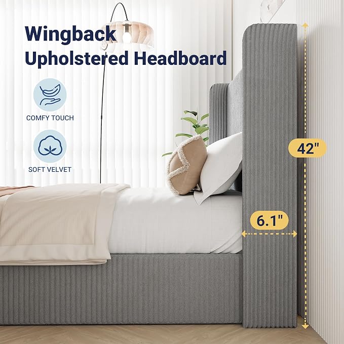 Allewie Full Lift-Up Storage Bed Frame with Modern Wingback Headboard, Corduroy Upholstered Platform Bed, Hydraulic Gas Lift Support, Underbed Storage, Wooden Slats, No Box Spring Needed, Grey
