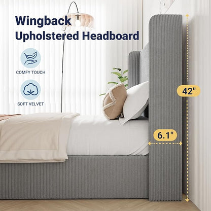 Allewie Full Lift-Up Storage Bed Frame with Modern Wingback Headboard, Corduroy Upholstered Platform Bed, Hydraulic Gas Lift Support, Underbed Storage, Wooden Slats, No Box Spring Needed, Grey