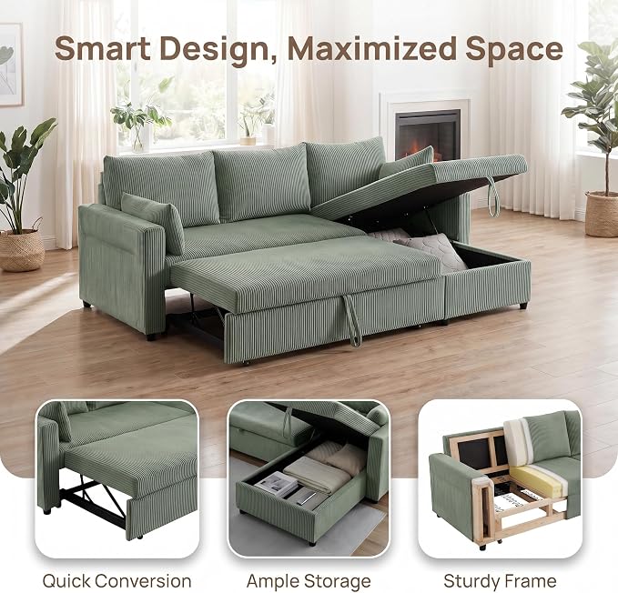 Queen Sleeper Sofa, Convertible Sofa Bed with Storage, 85 Inch Sectional Couch with Pull Out Bed, L Shaped 3 Seat Sectional Sleeper Sofa for Living Room, Apartment, Green