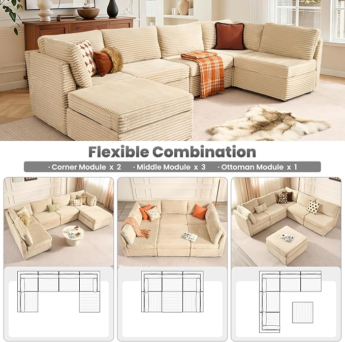 ovios Modular Sectional Sofa Couch with Sofa Bed L-Shape Chaise, Comfy Plush Corduroy Cloud Couches, Modern Luxury Deep Seat Sofas Set for Living Room, 6-Seater, Beige