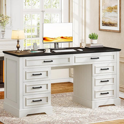 58" Executive Desk with 7 Drawers, Large Computer Desk with Charging Station , Wood Home Office Desk with File Drawer for Letter/A4 Size Hanging Files for Home Office,Rustic White and Rustic Black