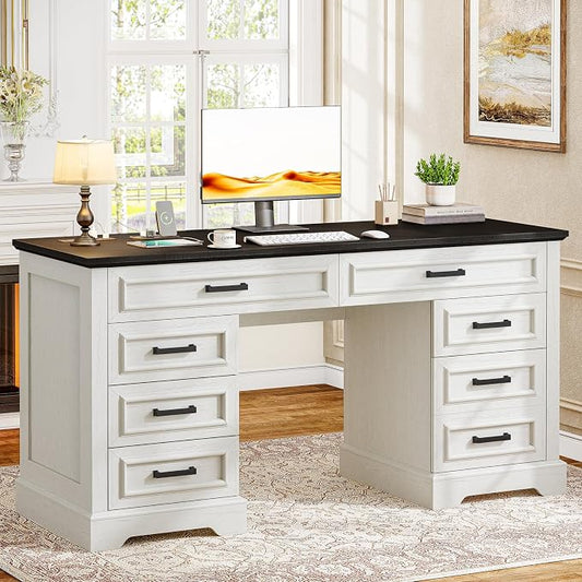58" Executive Desk with 7 Drawers, Large Computer Desk with Charging Station , Wood Home Office Desk with File Drawer for Letter/A4 Size Hanging Files for Home Office,Rustic White and Rustic Black