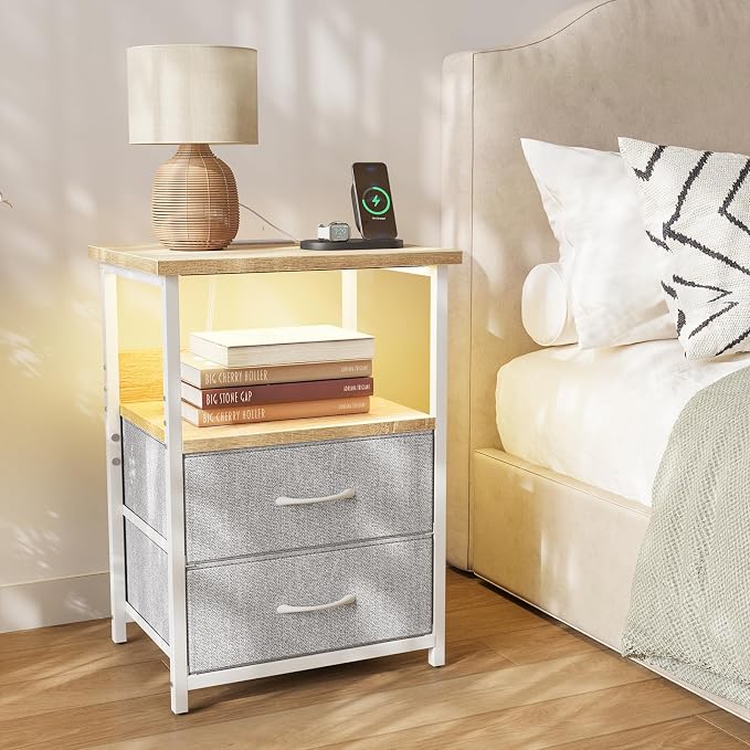 Fixwal Night Stand with Charging Station, LED Nightstand with U-S-B Ports and Outlets, 2 Fabric Storage Drawers with PU Finish, Small Bedside Table, Natural Oak & Light Grey