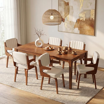 Dining Chairs Set of 6 with Hanging Armrest Beige | Set of 6 luxury chairs featuring exclusive hanging armrests and a premium walnut bentwood frame with elegant beige upholstery