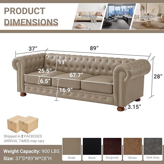 Chesterfield Leather Sofa, 89" Mid Century Modern Couch with Low Back, Roll Arm Nailhead Trim Classic 3 Seater Couch for Living Room, Office, Apartment, PU Khaki