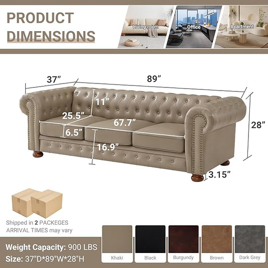 Chesterfield Leather Sofa, 89" Mid Century Modern Couch with Low Back, Roll Arm Nailhead Trim Classic 3 Seater Couch for Living Room, Office, Apartment, PU Khaki