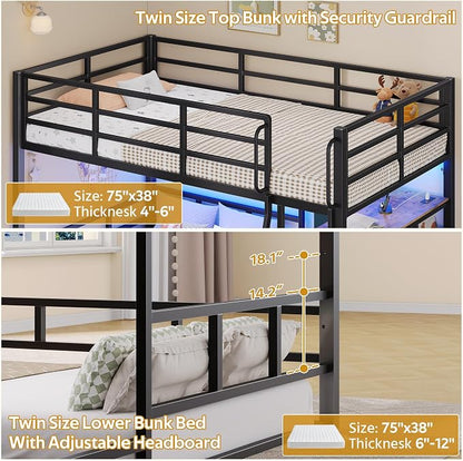 Bunk Bed Twin Over Twin,Low Bunk Bed with 8 Drawers & 4 Shelves & 15" H Safety Guardrail,Metal L-Shaped Twin Bunk Bed with LED Lights and Charging Station,Floor Bunk Beds with Ladder,Vintage Brown