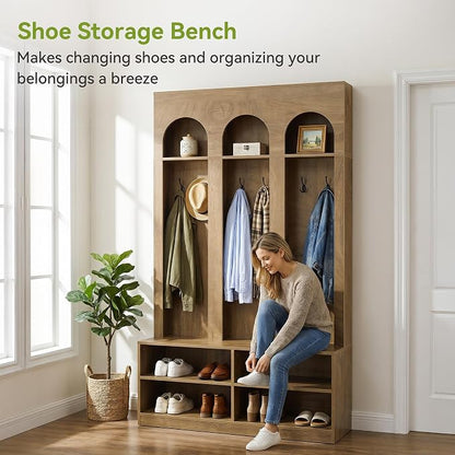LITTLE TREE Hall Tree, 70" Entryway Bench with Coat Rack and Shoe Storage | 6 Double Hooks, Mudroom Bench with Storage and Hooks, Entryway Storage Furniture, Farmhouse Hall Tree, Hallway Tree, Brown