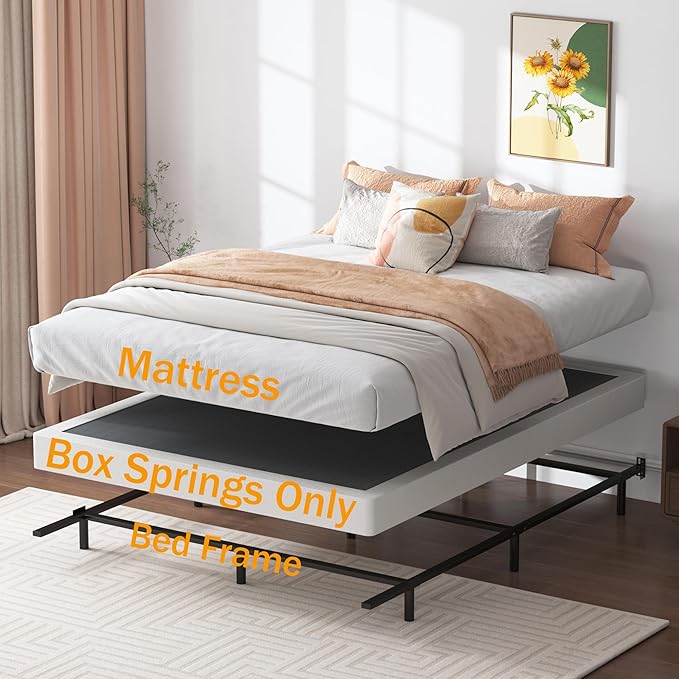 SHLAND Box Spring Queen - 3 Inch Heavy Duty Low Profile Metal Queen Box Springs for Bed, Mattress Foundation, Easy Assembly,Easy Clean Cover