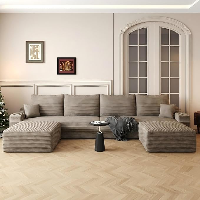138" Oversized U Shaped Cloud Boneless Sofa Couch with Reversible Ottomans, Plush Corduroy Modular Sectional Sofa with Deep Seat, Compressed Couch for Living Room, No Assembly Required