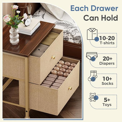 DUMOS Nightstand Set of 2, Bedside Table for Bedroom, Small Dresser | Side/End Table with 2 Fabric Drawers, Storage Cabinet Furniture, 20 Inch Night Stand for Closet, Entryway, Khaki 2Pack
