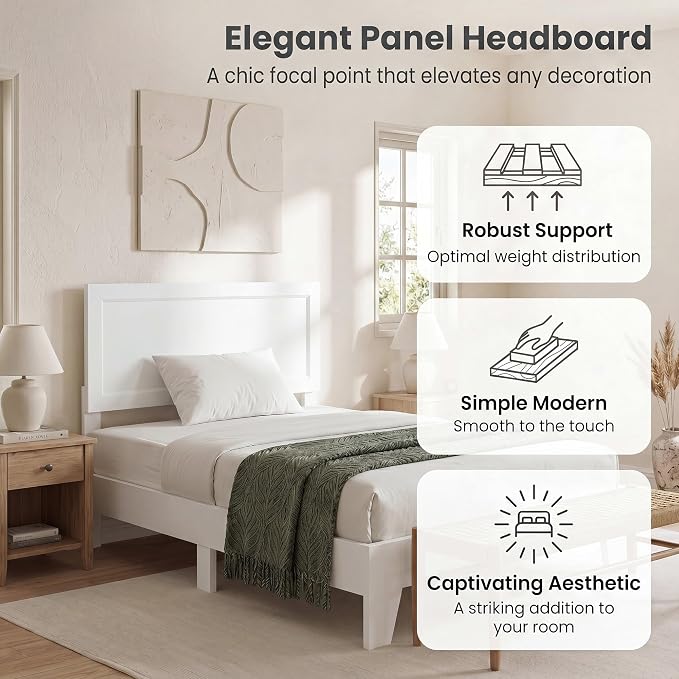 Giantex Twin Size Wooden Bed Frame with Headboard, Wood Slat Support | Modern Platform Bed with Heavy Duty Mattress Foundation, Under-Bed Storage, No Box Spring Needed, Easy Assembly (White)