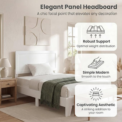 Giantex Twin Size Wooden Bed Frame with Headboard, Wood Slat Support | Modern Platform Bed with Heavy Duty Mattress Foundation, Under-Bed Storage, No Box Spring Needed, Easy Assembly (White)