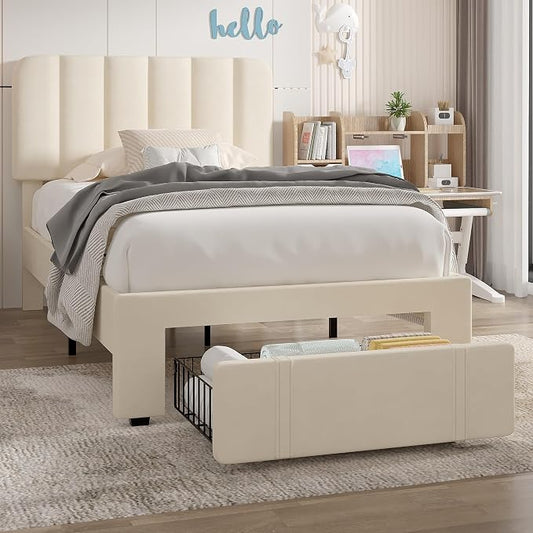 VECELO Twin Size Upholstered Bed Frame with Drawer and Headboard, Velvet Platform Storage Bedframe, Wooden Slats Support, No Box Spring Needed,Bone Beige