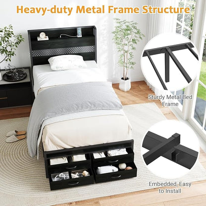 Zevemomo Twin Bed Frame with Drawers, Twin Metal Bed Frame with LED Light and Charging Station, Heavy Duty Metal Slats, No Box Spring Needed, Black