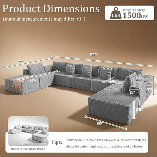 168" Cloud Sectional Couch, Comfort U Shaped Sofa for Living Room, Extra Deep Seats No Assembly, Minimalist Modular Couch, Corduroy (Light Grey, 9 Seats,U-Shape A)