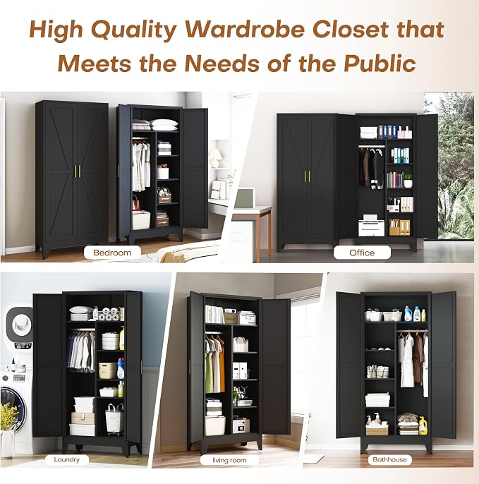 71" Steel Combination Wardrobe Closet, Metal Storage Wardrobe Cabinet with 2 Doors, Hanging Rod & Shelves, Black Metal Armoire Wardrobes Clothing Coat Cabinet for Bedroom, Office, School