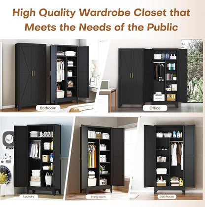 71" Steel Combination Wardrobe Closet, Metal Storage Wardrobe Cabinet with 2 Doors, Hanging Rod & Shelves, Black Metal Armoire Wardrobes Clothing Coat Cabinet for Bedroom, Office, School