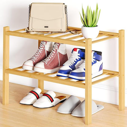 Smiry Small Bamboo Shoe Rack, 2 Tier Free Standing Wooden Shoe Organizer, Stackable Wood Shoe Storage Shelf for Closet, Entryway, 12 Vertical Slats, One-piece Standard Legs, 17.3"x11"x13", Natural