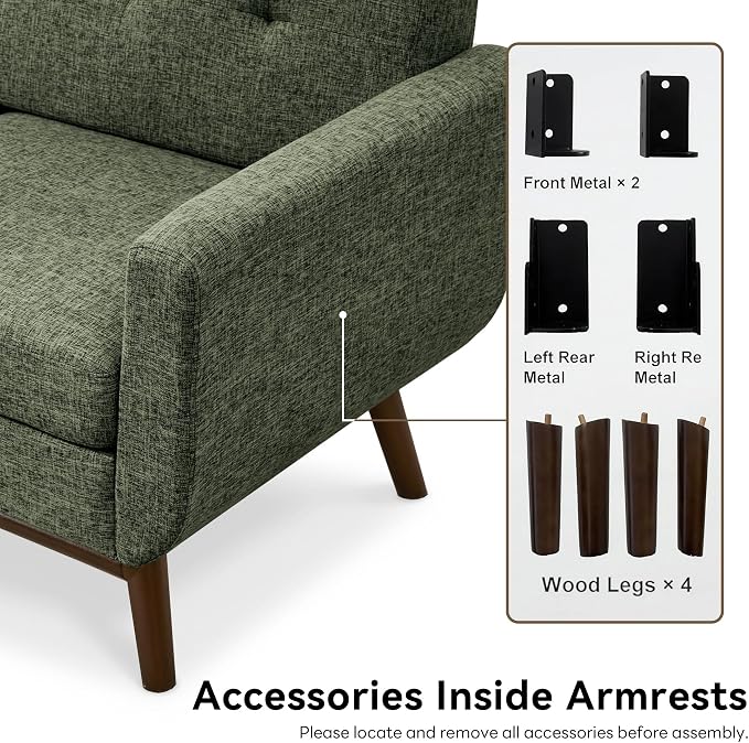 Kingfun 65.2" W Loveseat Sofa, Mid Century Modern Decor Love Seat Couches for Living Room, Button Tufted Upholstered Furniture, Solid & Easy to Install Small Couch for Bedroom Office Apartment, Green