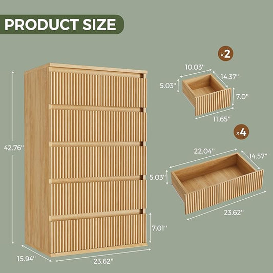 Jocoevol Fluted 6 Drawer Dresser for Bedroom, Modern Wood Chest of Drawers, Tall Storage Dresser with Deep Drawers, Handleless Floor-Standing Dresser for Bedroom, Living Room, Entryway, Natural Oak