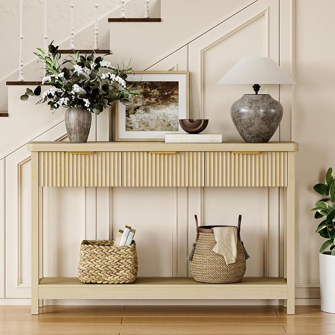 Lulive Fluted Console Table, 51 Inch Entryway Table with 3 Drawers | Scandi farmhouse look with quiet full-extension slides, open lower shelf, profile for hallway, entry, foyer or behind sofa.
